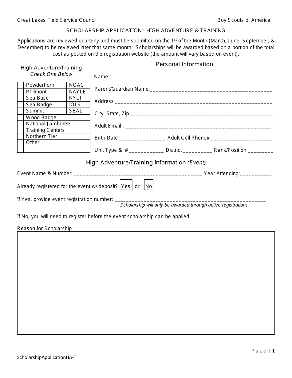 Scholarship Application Form - High Adventure  Training - Boy Scouts of America, Page 1