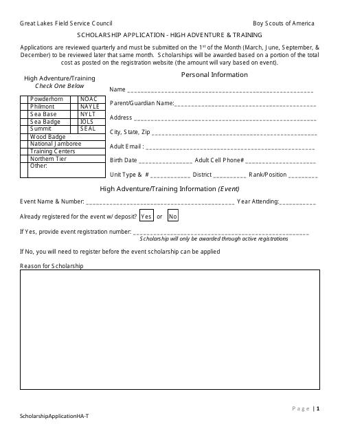 Scholarship Application Form - High Adventure & Training - Boy Scouts of America Download Pdf