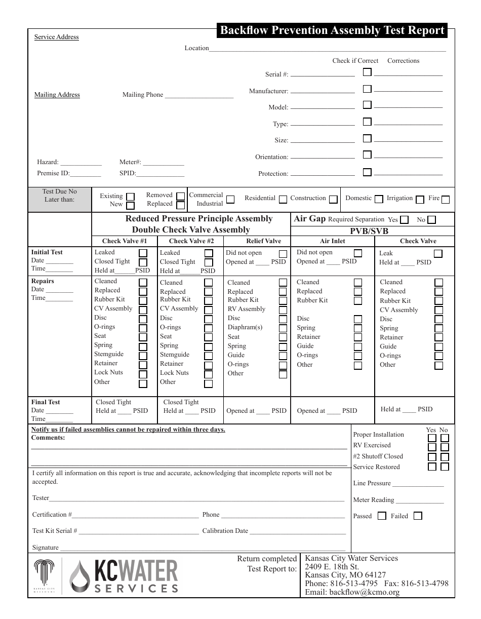 Backflow Prevention Assembly Test Report Form - Kansas City, Missouri, Page 1