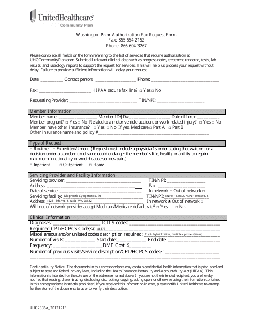 Form 2335a_20121213 Prior Authorization Fax Request Form - Unitedhealthcare - Washington