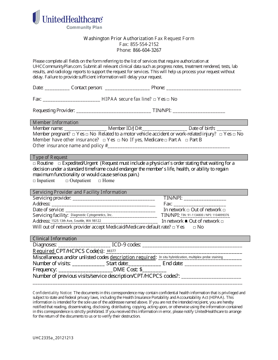 Form 2335a_20121213 Prior Authorization Fax Request Form - Unitedhealthcare - Washington, Page 1