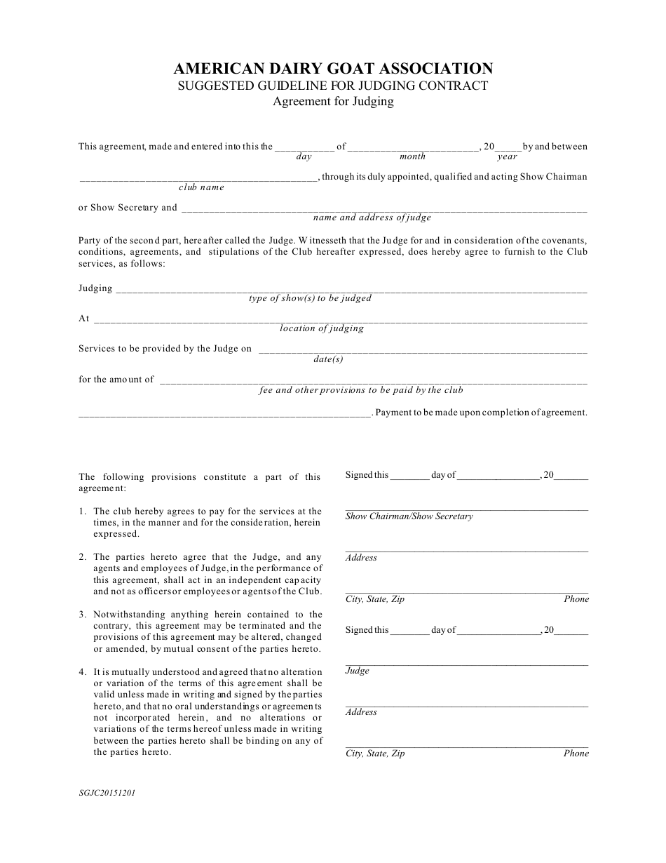 Agreement for Judging Template - Suggested Guideline for Judging Contract - American Dairy Goat Association, Page 1