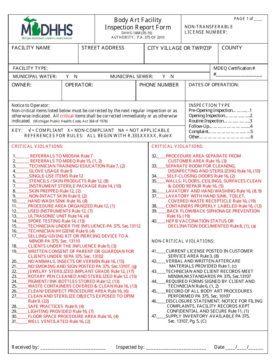 Form DHHS-1468 Body Art Facility Inspection Report Form - Michigan, Page 1