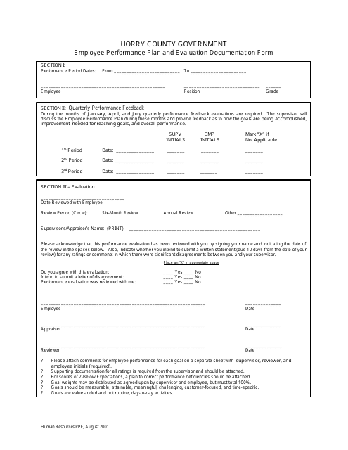 Employee Performance Plan and Evaluation Documentation Form - Horry County, South Carolina Download Pdf