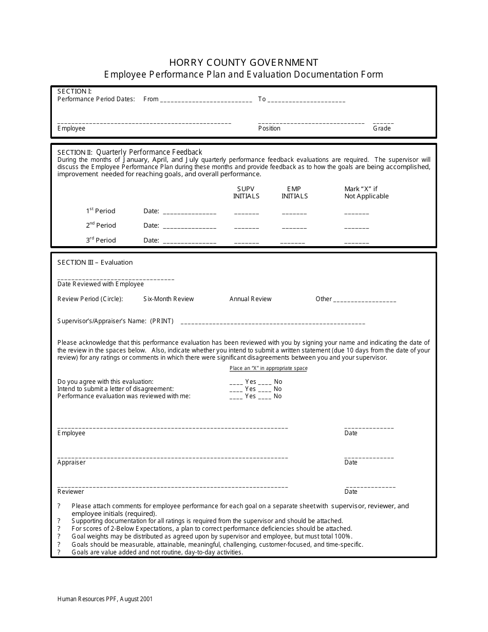 Employee Performance Plan and Evaluation Documentation Form - Horry County, South Carolina, Page 1