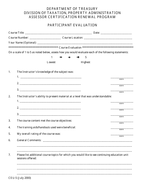 Instructions for Form CEU-5 Participant Evaluation - Assessor Certification Renewal Program - New Jersey