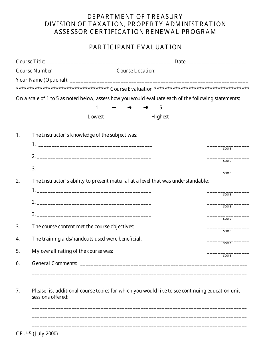 Instructions for Form CEU-5 Participant Evaluation - Assessor Certification Renewal Program - New Jersey, Page 1