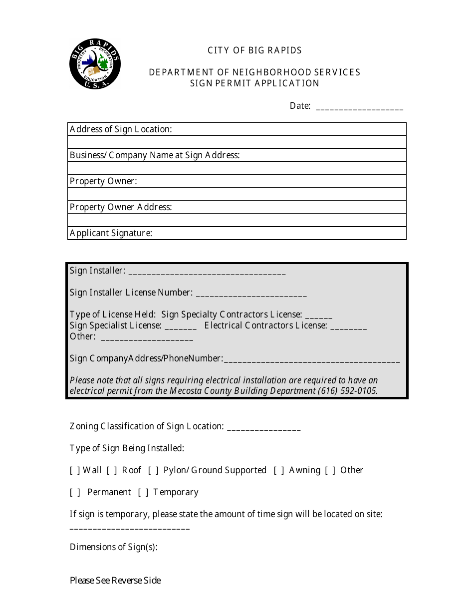 Sign Permit Application Form - City of Big Rapids, Michigan, Page 1