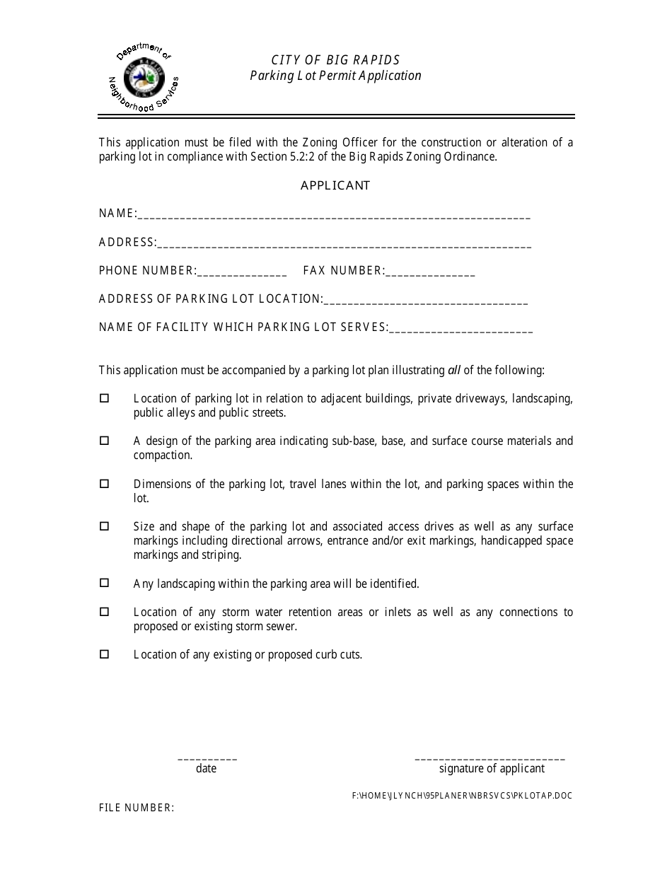 Parking Lot Permit Application Form - CITY OF BIG RAPIDS, Michigan, Page 1