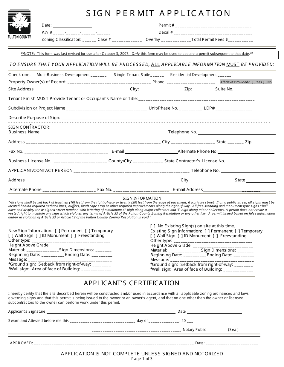Sign Permit Application Form - Fulton County, Georgia (United States), Page 1