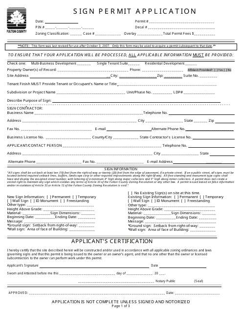 &quot;Sign Permit Application Form&quot; - Fulton County, Georgia (United States) Download Pdf