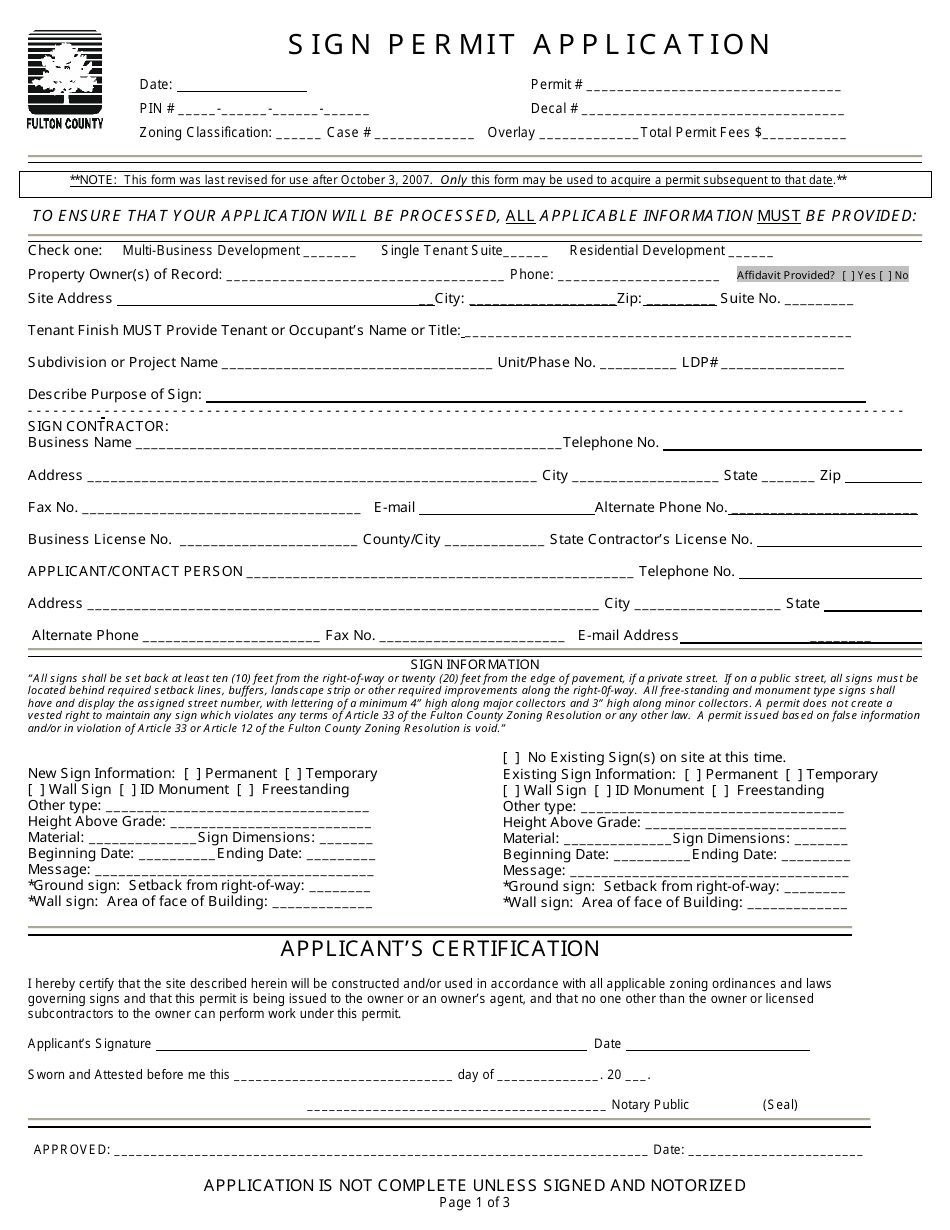 Fulton County Georgia United States Sign Permit Application Form