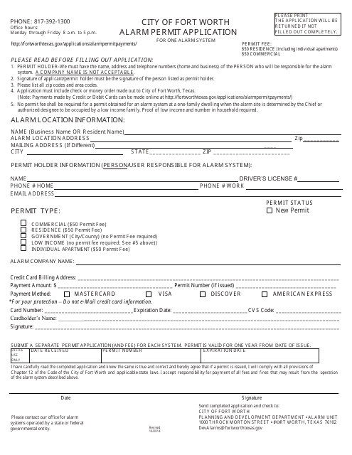 CITY OF FORT WORTH Texas Alarm Permit Application Form Download 