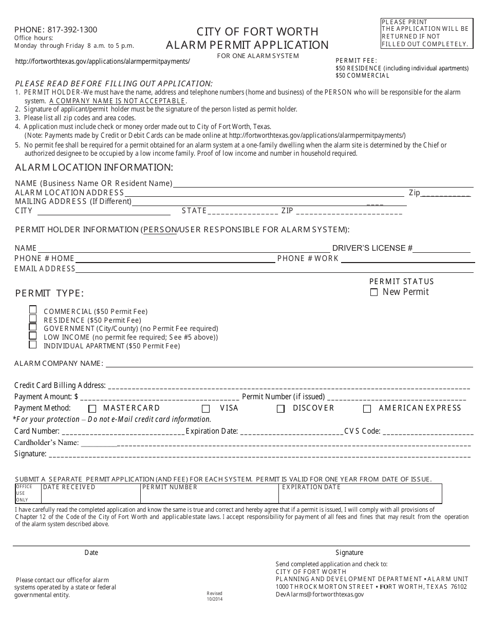 Alarm Permit Application Form - CITY OF FORT WORTH, Texas, Page 1