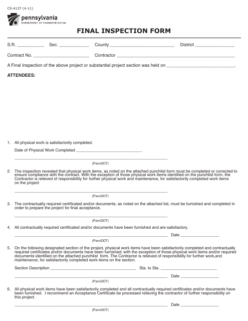 Form CS-4137 Final Inspection Form - Pennsylvania