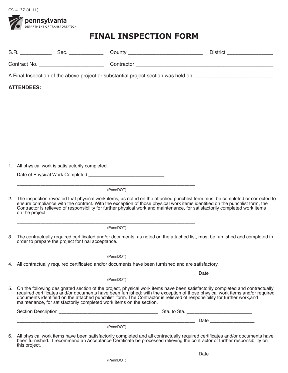 Form CS-4137 Final Inspection Form - Pennsylvania, Page 1
