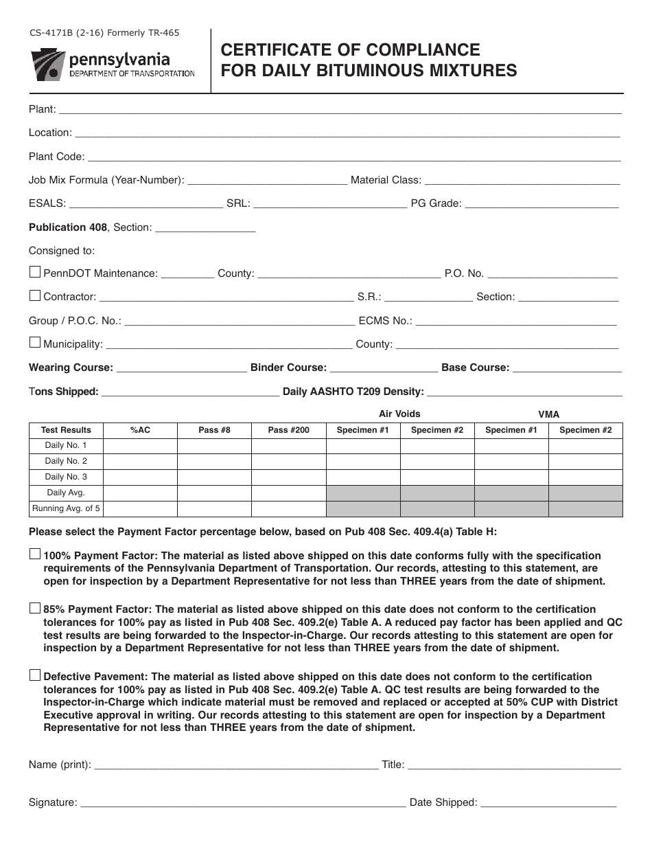 Form CS-4171B Certificate of Compliance for Daily Bituminous Mixtures - Pennsylvania, Page 1