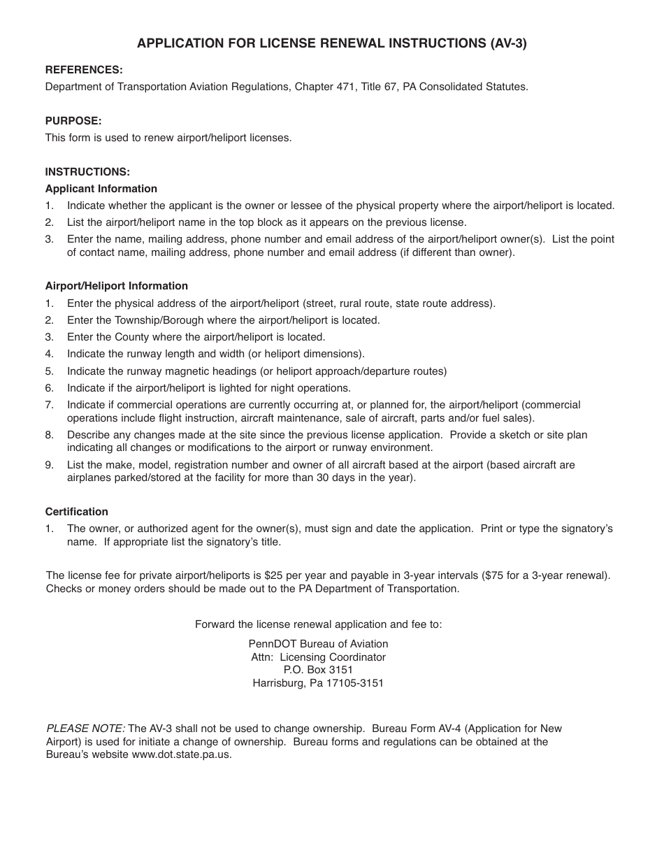 Form AV-3 Application for Airport / Heliport License Renewal - Pennsylvania, Page 2