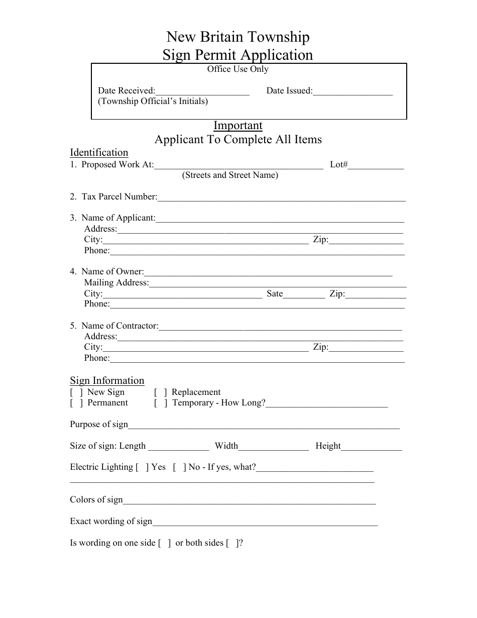 Sign Permit Application Form - New Britain Township, Pennsylvania, Page 1