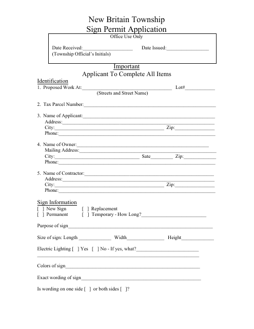 Sign Permit Application Form - New Britain Township, Pennsylvania Download Pdf