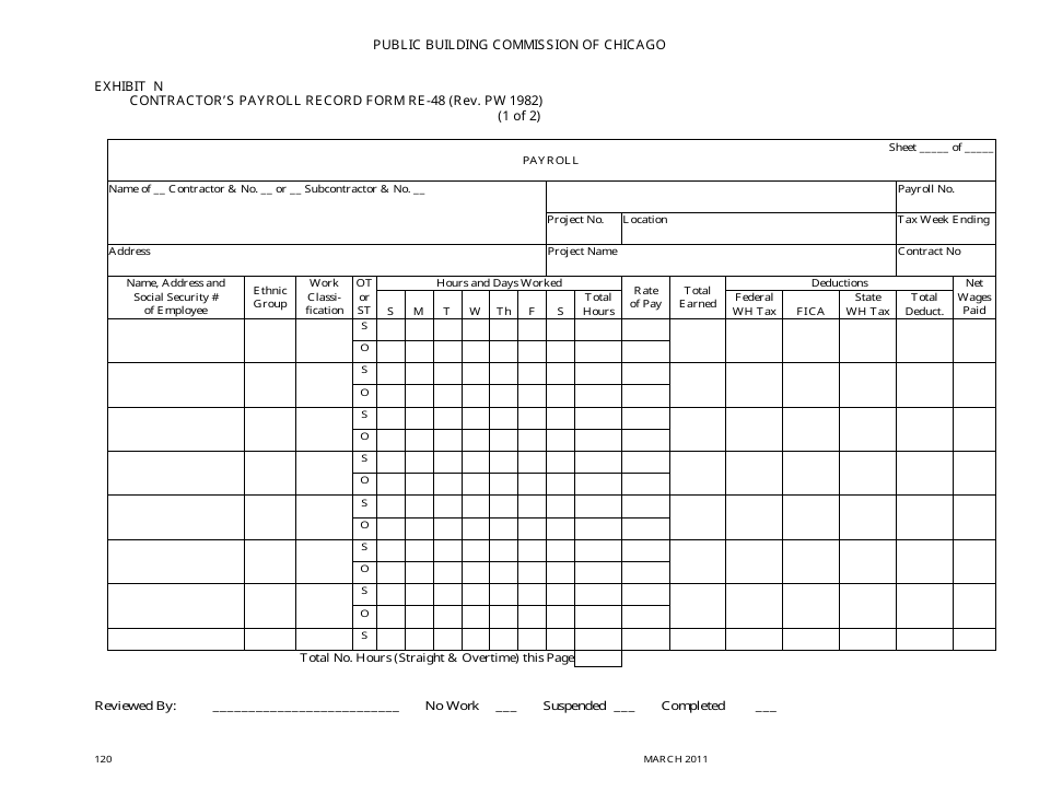 Form RE-48 Exhibit N Contractors Payroll Record - Public Building Commission of Chicago - City of Chicago, Illinois, Page 1