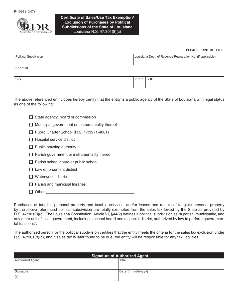 Form R-1056 Certificate of Sales / Use Tax Exemption / Exclusion of Purchases by Political Subdivisions of the State of Louisiana - Louisiana, Page 1