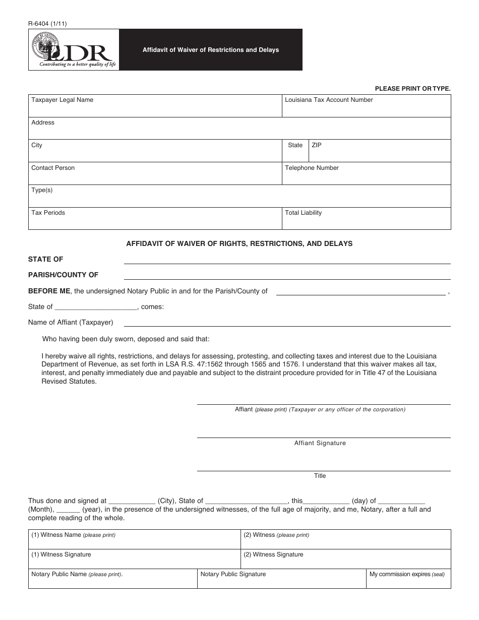 Form R-6404 Affidavit of Waiver of Restrictions and Delays - Louisiana, Page 1
