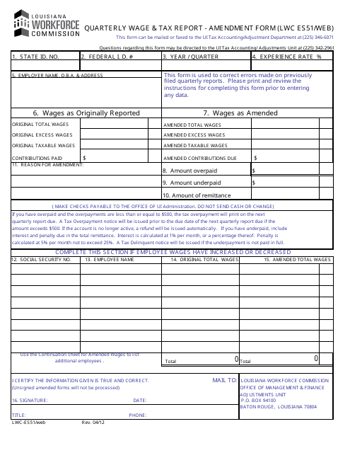 Form LWC-ES51 Quarterly Wage & Tax Report - Amendment Form - Louisiana