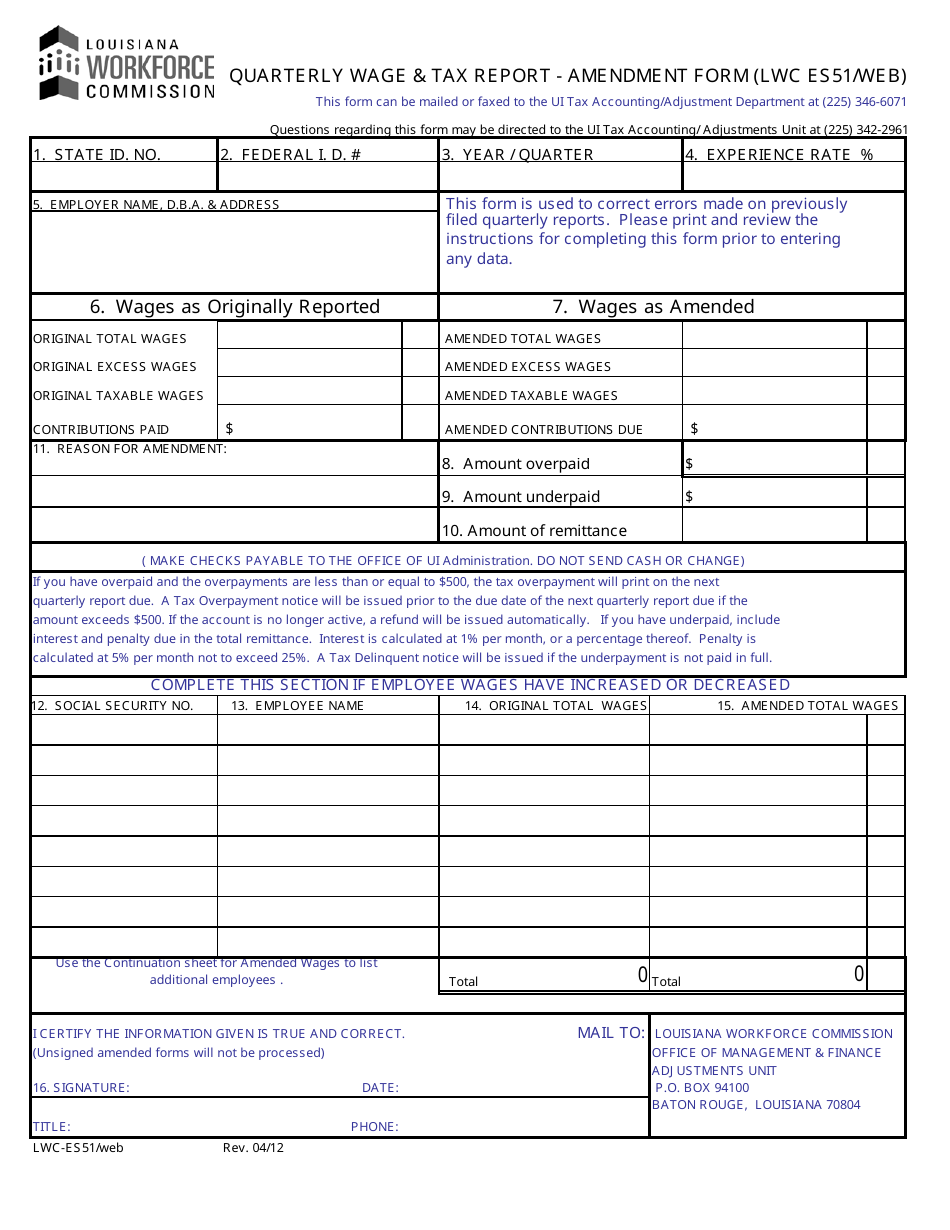 Form LWC-ES51 Quarterly Wage  Tax Report - Amendment Form - Louisiana, Page 1