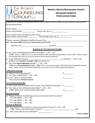 Document preview: Mental Health/Behavioral Health Insurance Benefits Verification Form - the Atlanta Counceling Group Llc