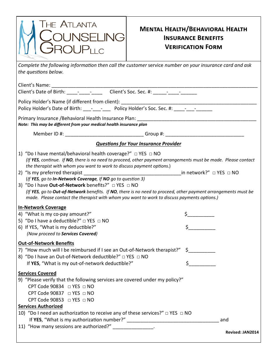 Mental Health / Behavioral Health Insurance Benefits Verification Form - the Atlanta Counceling Group Llc, Page 1