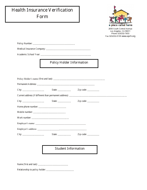 Health Insurance Verification Form - a Place Called Home - Los Angeles, California Download Pdf