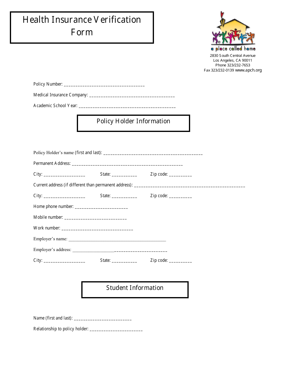 Health Insurance Verification Form - a Place Called Home - Los Angeles, California, Page 1