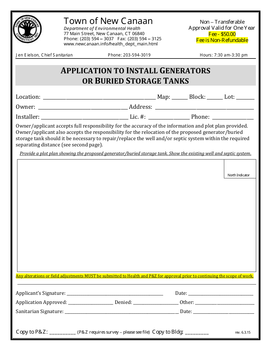 Application to Install Generators or Buried Storage Tanks - Town of New Canaan, Connecticut, Page 1