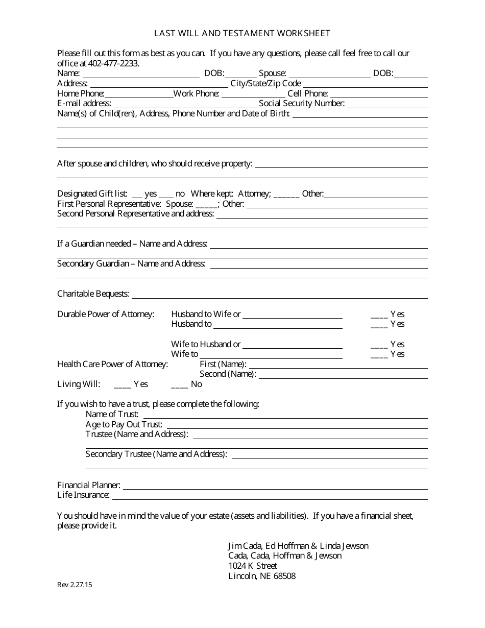 Last Will and Testament Worksheet Template Preview
