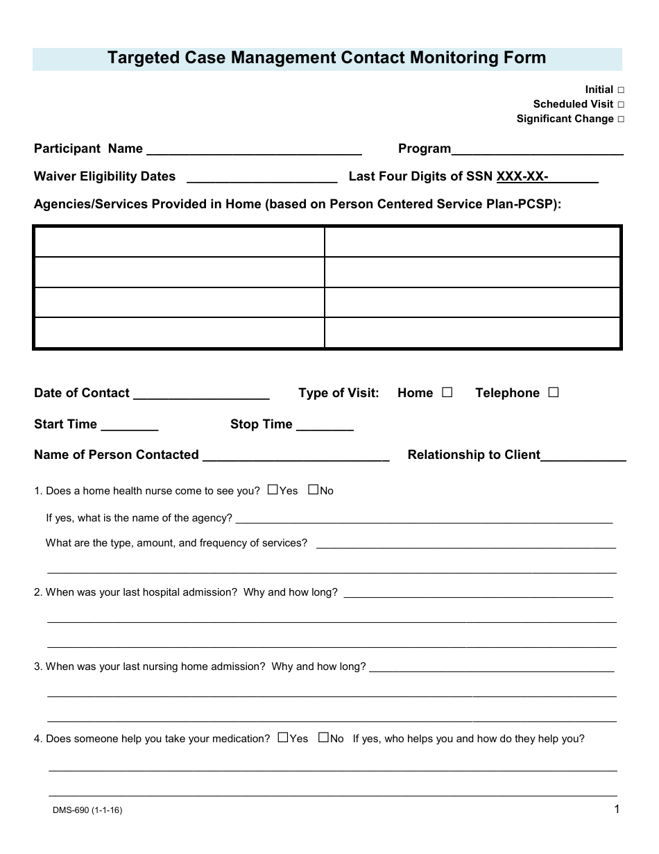 Form DHS-690 Targeted Case Management Contact Monitoring Form - Medicaid - Arkansas, Page 1