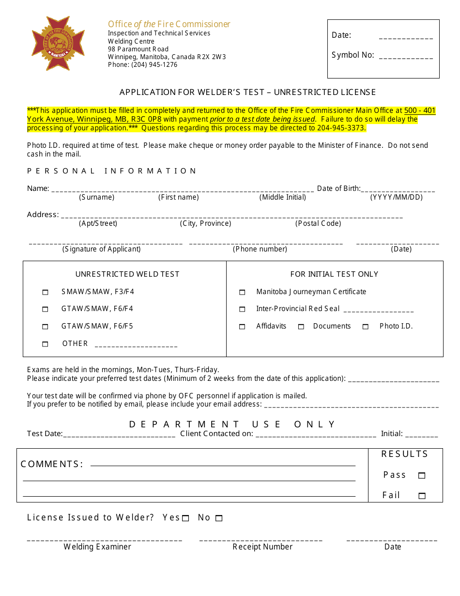 Manitoba Canada Application for Welder's Test unrestricted License
