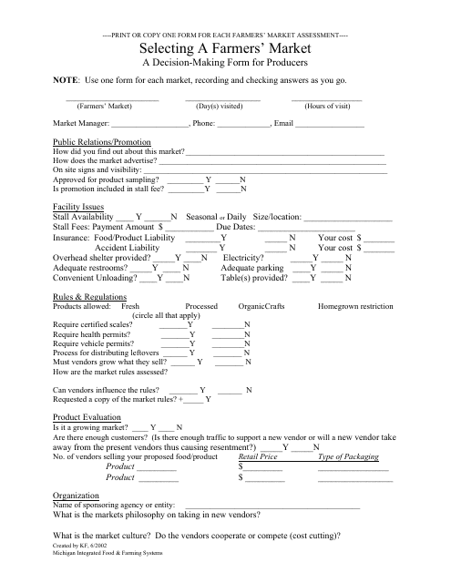 Farmers' Market Assessment Form for Producers - Michigan Integrated Food & Farming Systems Download Pdf