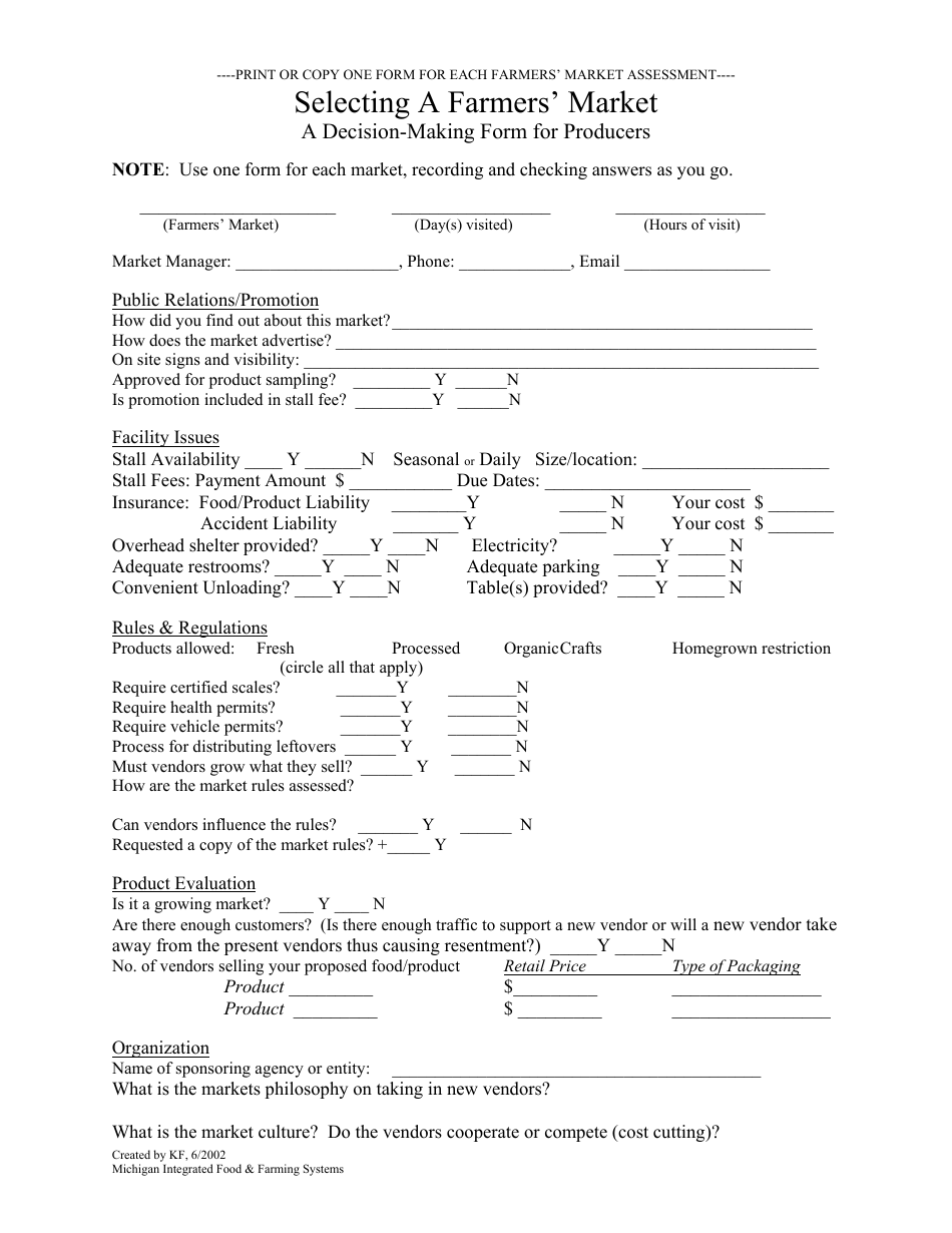 Farmers Market Assessment Form for Producers - Michigan Integrated Food  Farming Systems, Page 1