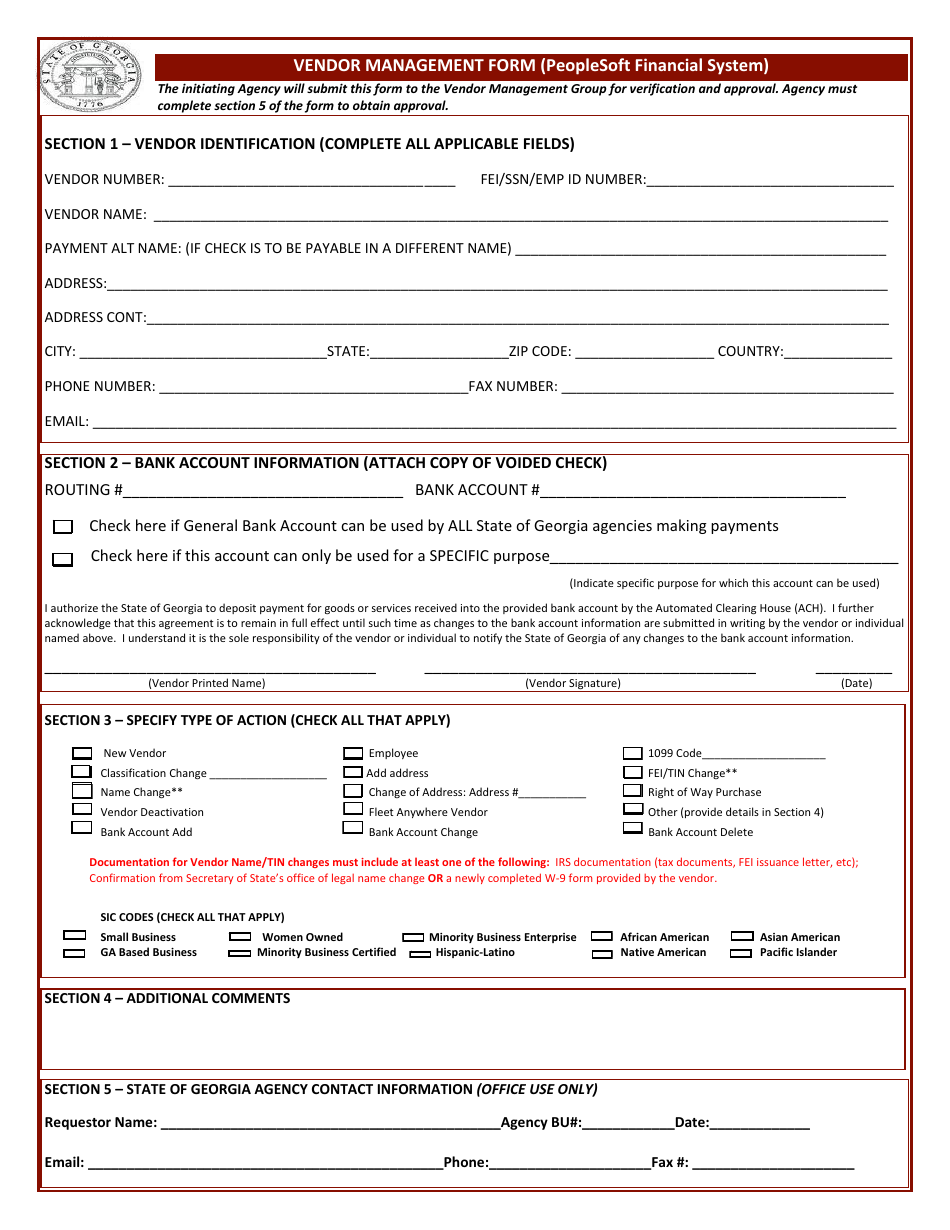 Vendor Management Form (Peoplesoft Financial System) - Georgia (United States), Page 1