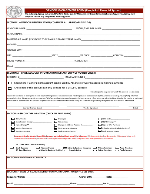 Vendor Management Form (Peoplesoft Financial System) - Georgia (United States) Download Pdf