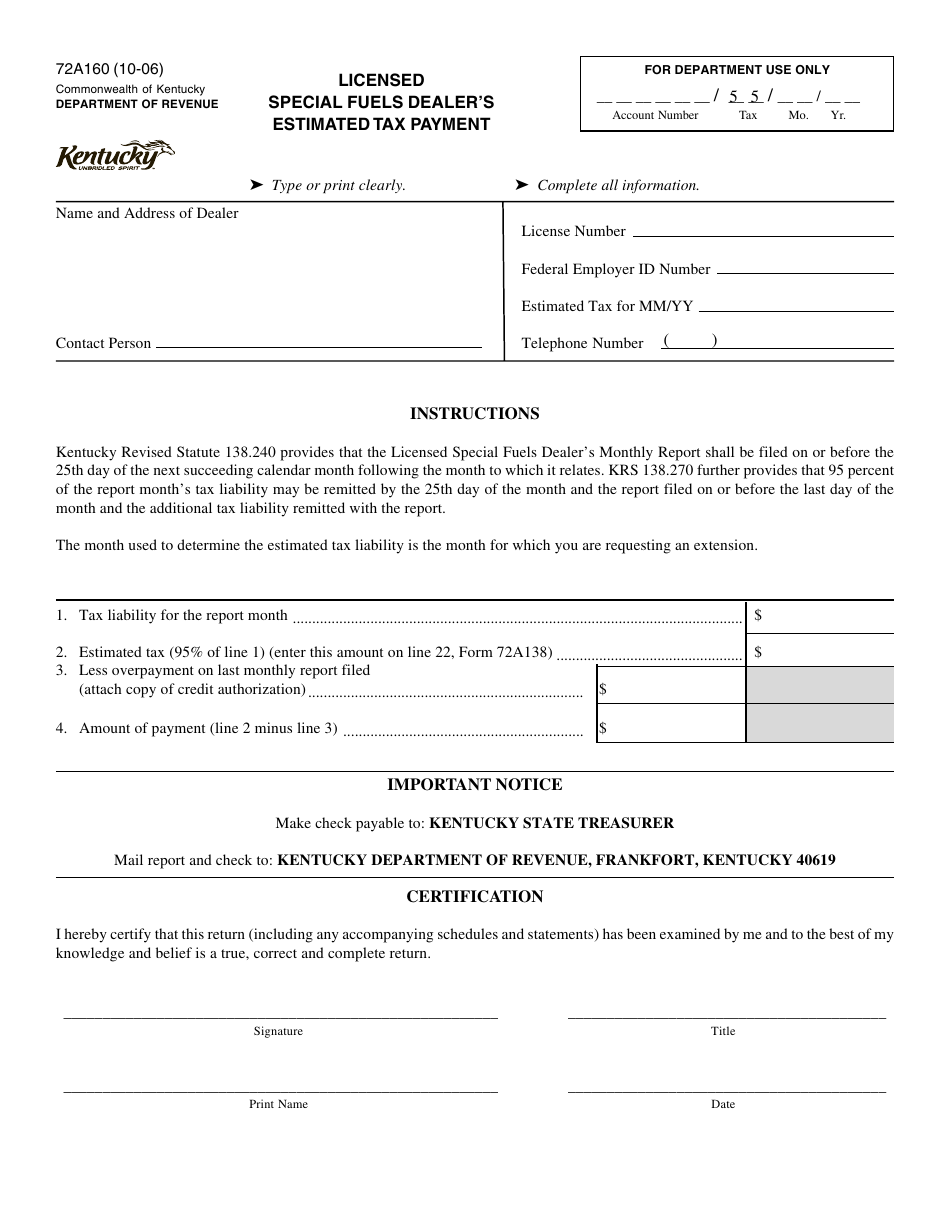 Form 72A160 Licensed Special Fuels Dealers Estimated Tax Payment - Kentucky, Page 1