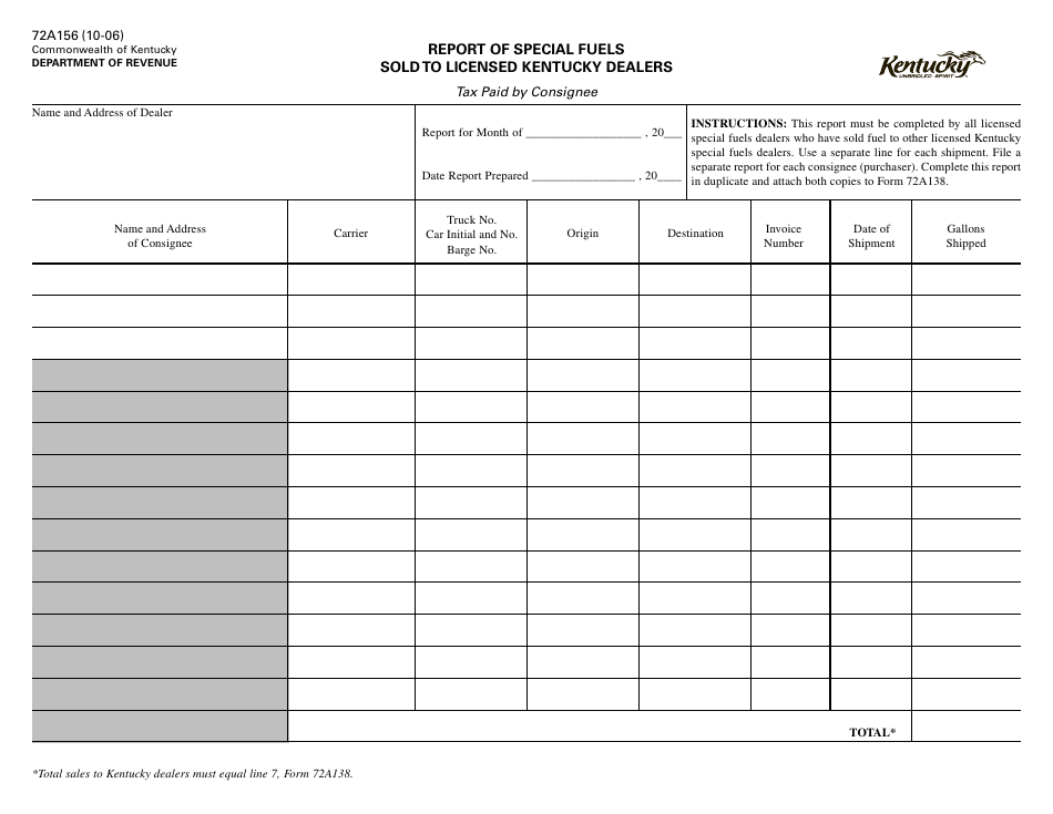 Form 72A156 Report of Special Fuels Sold to Licensed Kentucky Dealers - Kentucky, Page 1
