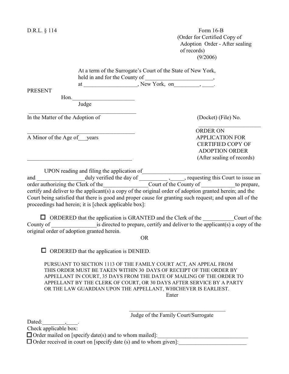 Form 16-B Order for Certified Copy of Adoption Order (After Sealing of Records) - New York, Page 1