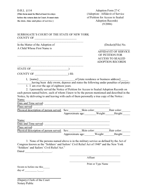 Adoption Form 27-C Affidavit of Service of Petition for Access to Sealed Adoption Records - New York