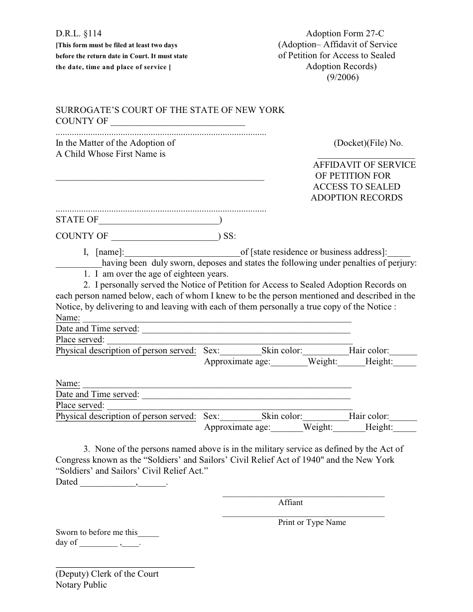 Adoption Form 27-C Affidavit of Service of Petition for Access to Sealed Adoption Records - New York, Page 1