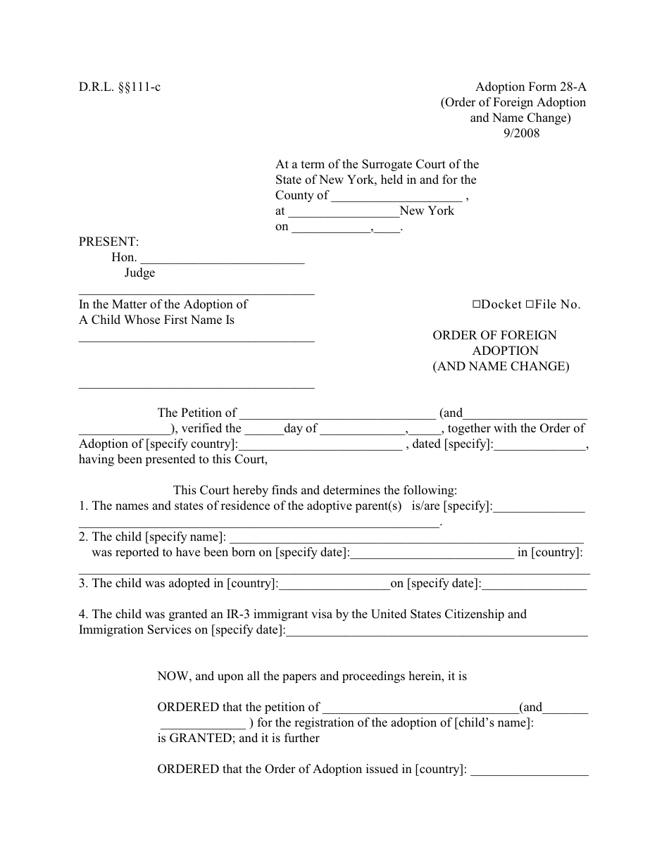 Adoption Form 28-A Order of Foreign Adoption (And Name Change) - New York, Page 1