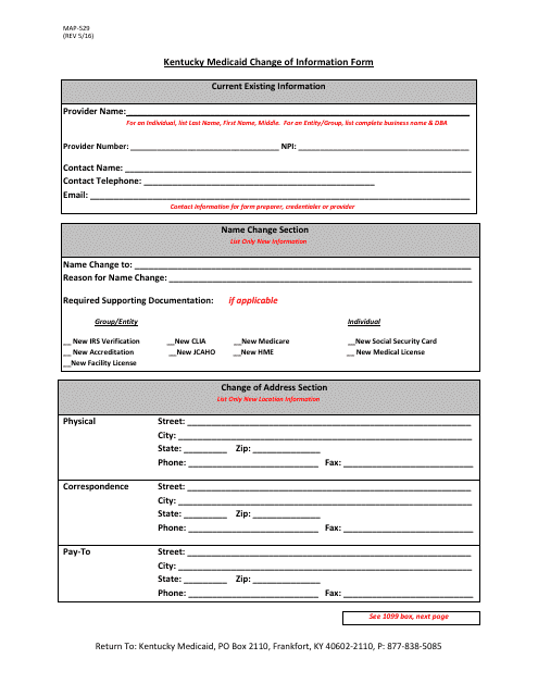 Form MAP-529 Kentucky Medicaid Change of Information Form - Kentucky