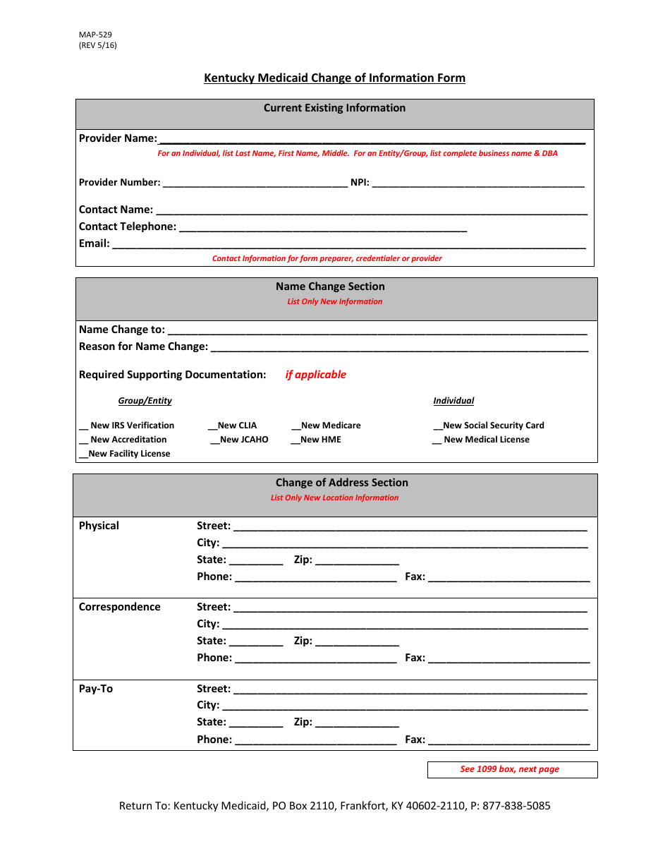 Form MAP-529 Kentucky Medicaid Change of Information Form - Kentucky, Page 1