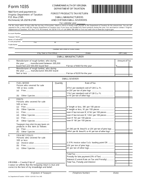 Form 1035 Forest Product Tax Return - Small Manufacturers - Virginia